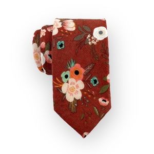Men’s Cinnamon Red-Brown Boho Floral Necktie, Slim 2.75” Width Wedding Groom Tie